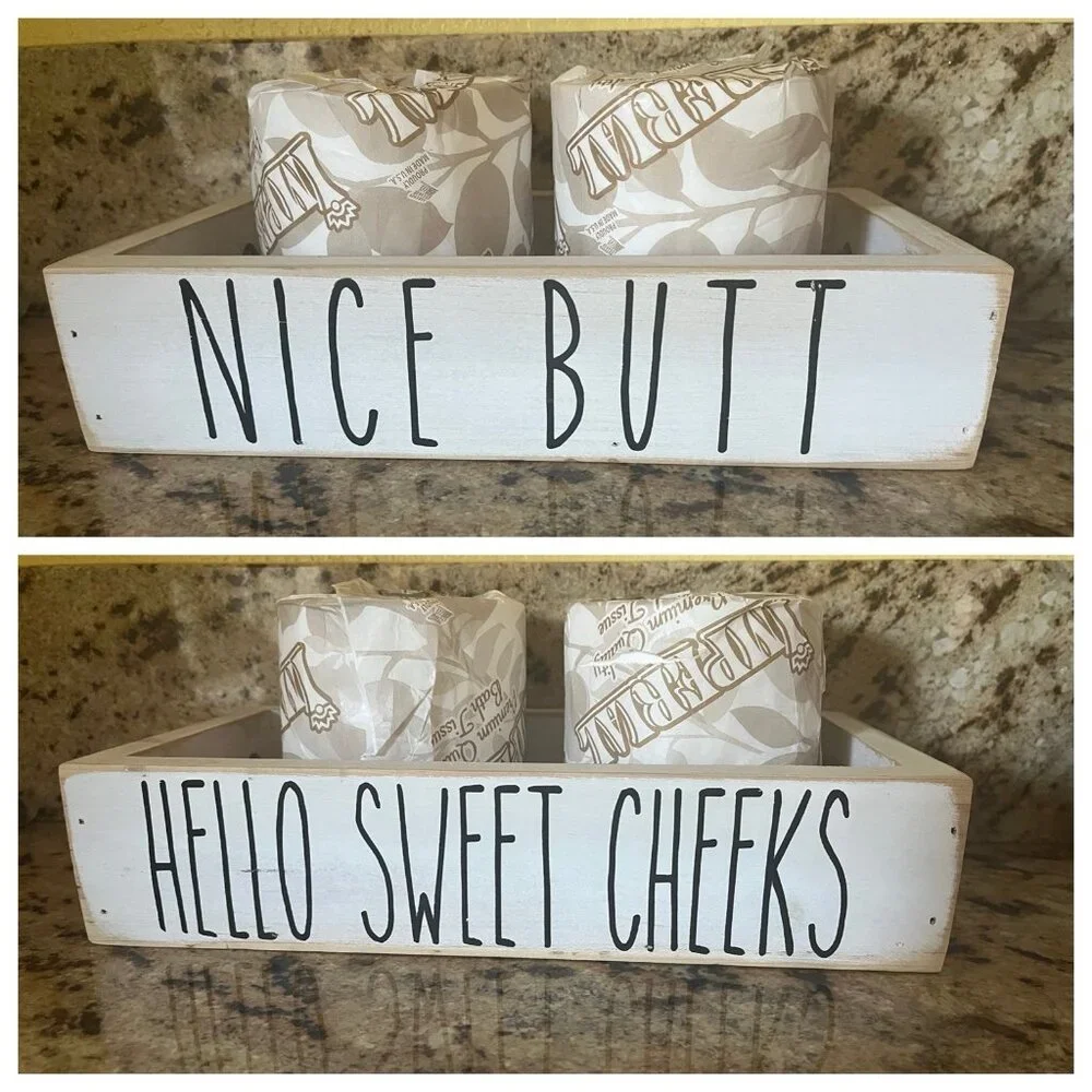 Wood Toilet Paper Holder Hello Sweet Cheeks & Nice Butt Bathroom Decor Tray Box
